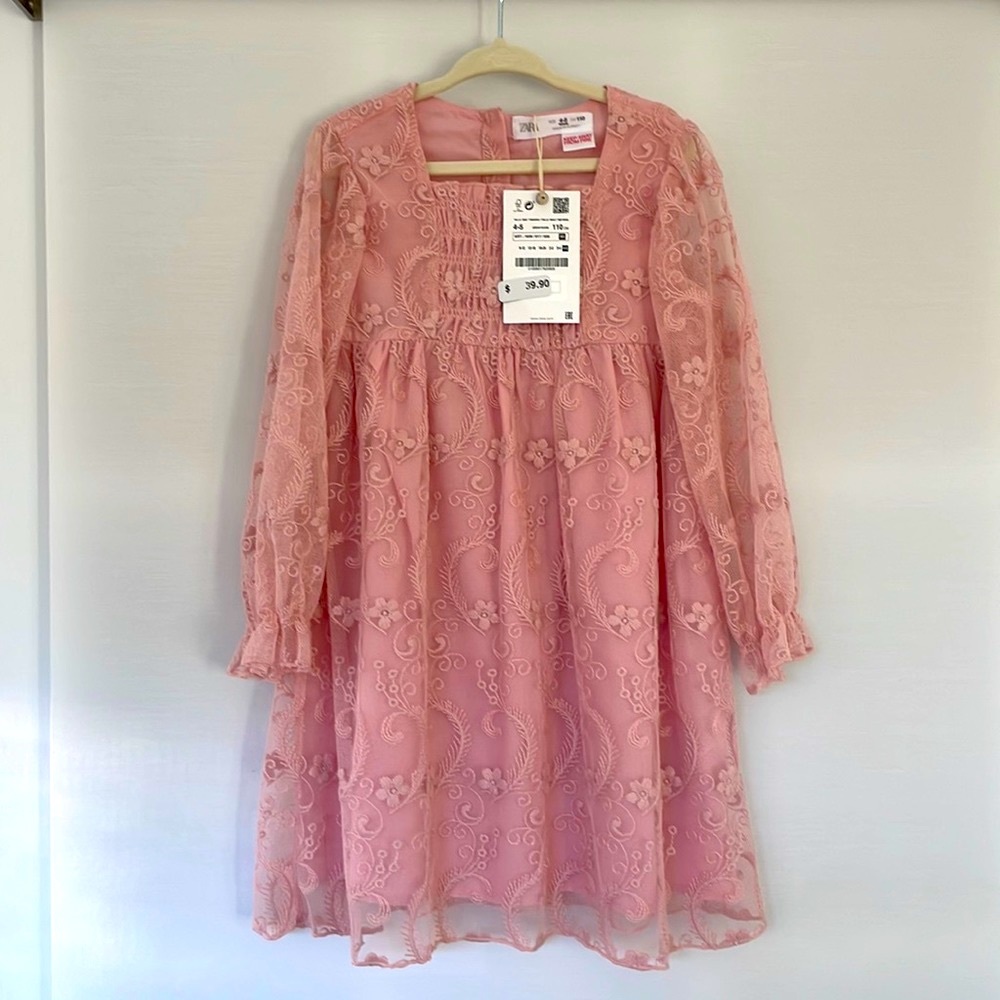NWT Zara Kids Pink Embroidered Tulle Dress